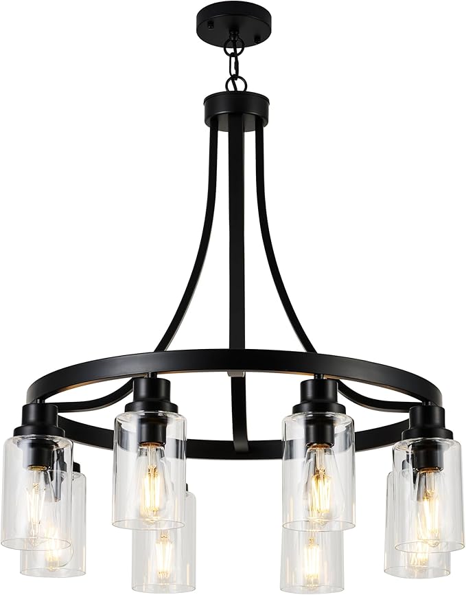 8 Light Chandeliers for Dining Room Linear Kitchen Island Lighting with Rectangular Clear Glass Shades, Modern Pendant Light Fixture Black for Kitchen Dining Room Living Room