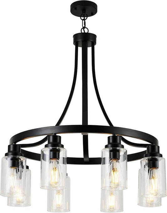 8 Light Chandeliers for Dining Room Linear Kitchen Island Lighting with Rectangular Clear Glass Shades, Modern Pendant Light Fixture Black for Kitchen Dining Room Living Room