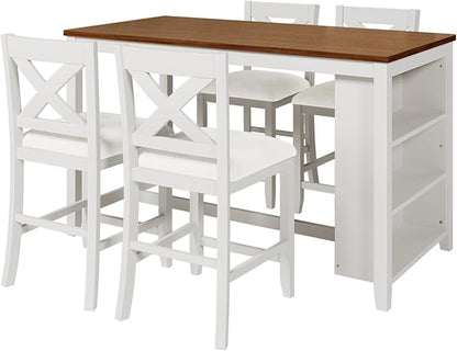 Harper & Bright Designs 5 Pieces Counter Height Wooden Bar Table Set with 3-Tier Shelf and 4 Chairs, Rustic Farmhouse Dining Table Set for 4, White