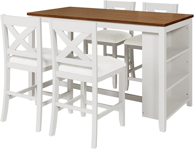 Counter Height Bar Table Set of 5, Rustic Farmhouse Cushion Chairs with X Backs and Footrest for Kitchen,Dinning Room (Walnut Tabletop+White Frame+Beige Fabric)