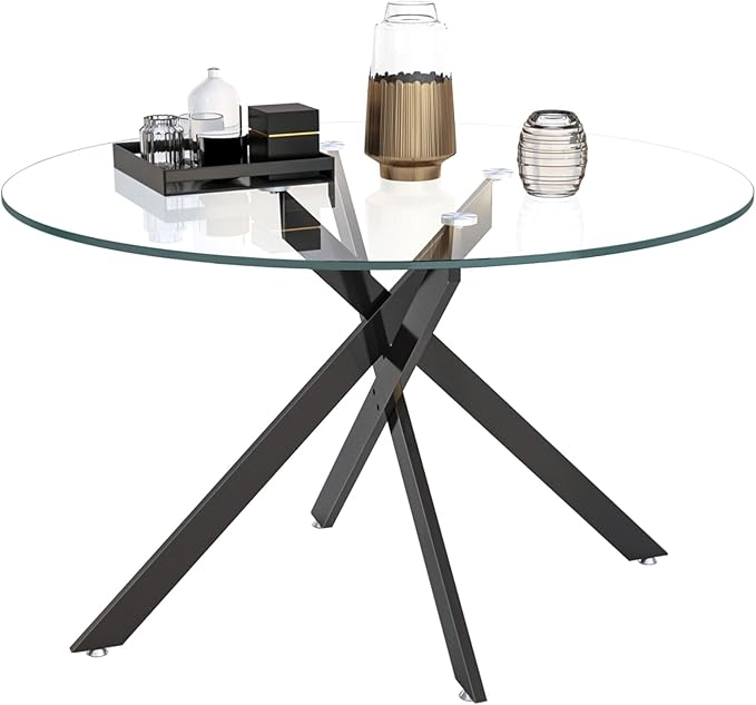 Round Glass Dining Table,Glass Dining Room Table with Tempered Glass Tabletop and Metal Legs, Modern Style Round Kitchen Table for Home, Kitchen, Dining Room