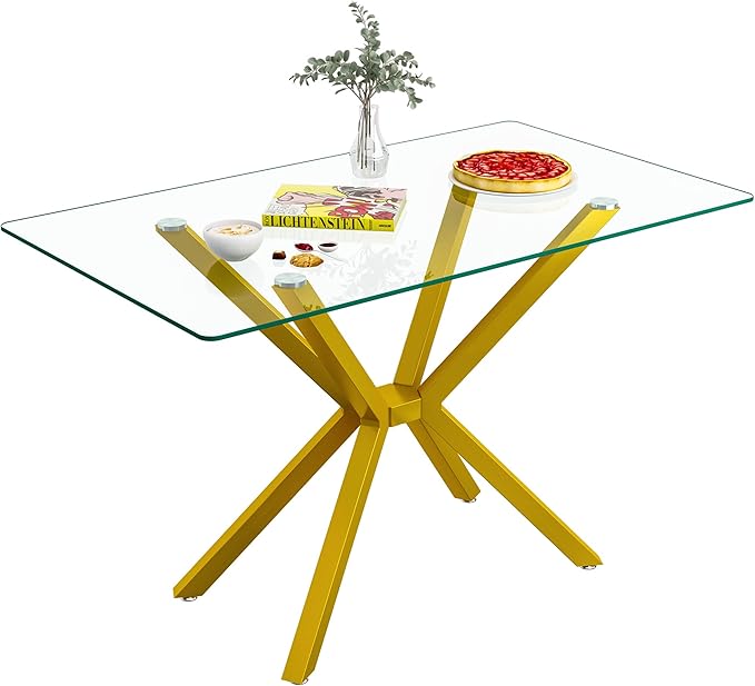 47in Rectangular Glass Dining Table for 4, Save Space Glass Dining Room Table with Gold Metal Legs, Clear Glass Top Kitchen Dining Table Set for 4
