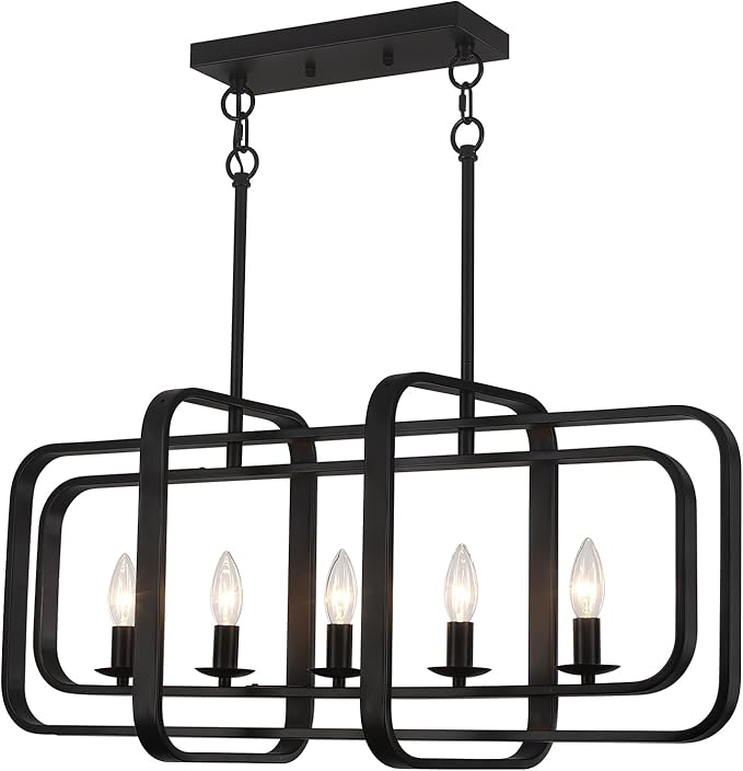 TOULMJ 5-Light Dining Room Light Fixture, 31.5" Black Farmhouse Kitchen Island Lighting Modern Linear Chandeliers for Dining Room Kitchen Island with Adjustable Rods