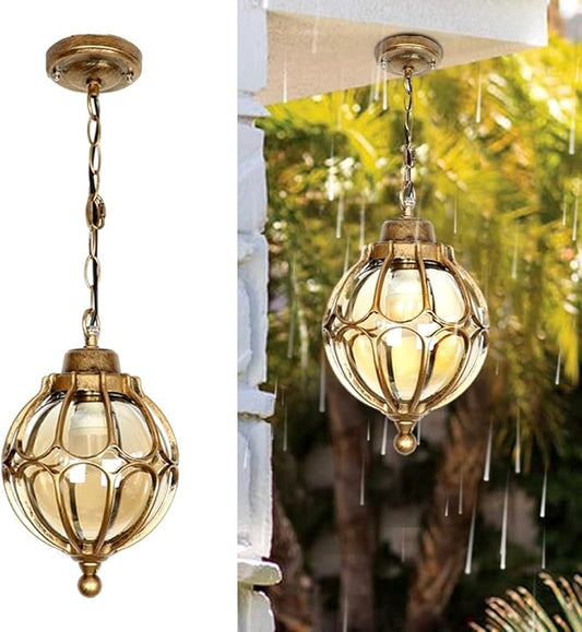 Outdoor Pendant Light Fixtures for Porch, Waterproof Exterior Lantern Glass Vintage Hanging Ceiling Light Retro Aluminum Outside Chandelier for Porch Patio Entryway Farmhouse (22cm/8.7",Gold)