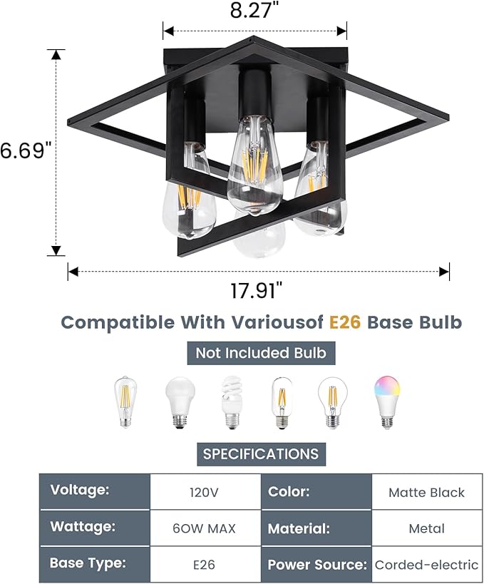4 Light Industrial Ceiling Light Black Semi Flush Mount Lights Close to Ceiling Light Fixtures,frame cage design Farmhouse Ceiling Lighting for Kitchen Bedroom Bathroom Foyer Hallway (E26, 1Pack)
