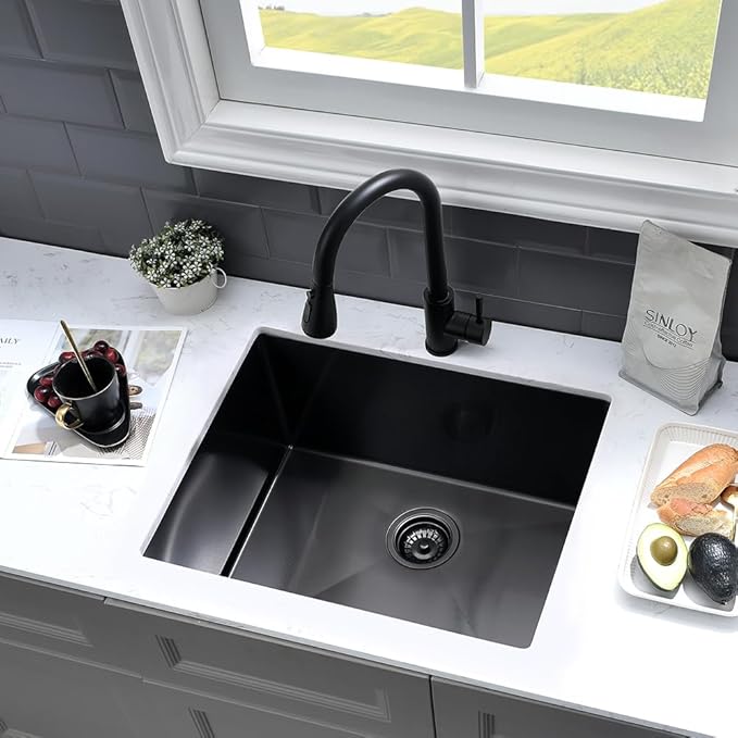 24 Inch Black Laundry Sink Undermount-VASOYO 24x19x13 Black Stainless Steel Laundry Utility Sink Undermount 16 Gauge Single Bowl Deep Kitchen Sinks Laundry Room Utility Sinks with Bottom Grid