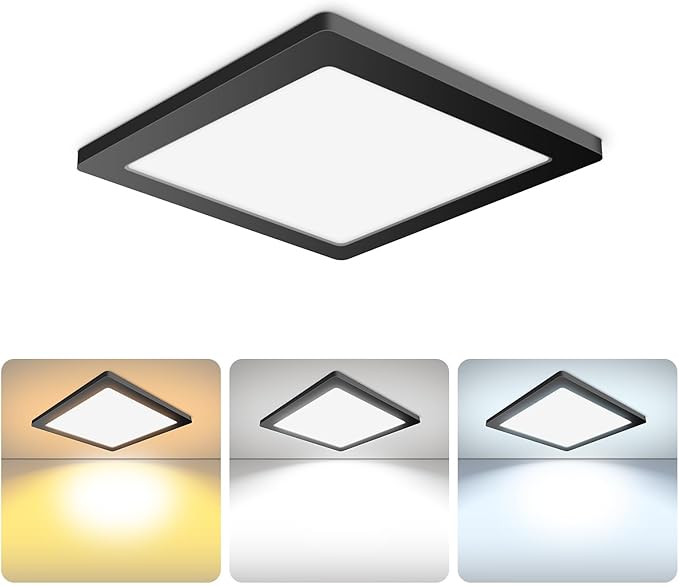 9 Inch Square Black Ceiling Light, 18W, 120V, 3000K/4000K/5000K Adjustable, Dimmable Slim LED Ceiling Light, Low Profile Fixtures for Bedroom, Kitchen, Hallway, Laundry, ETL Listed, Each Side is 8.43"