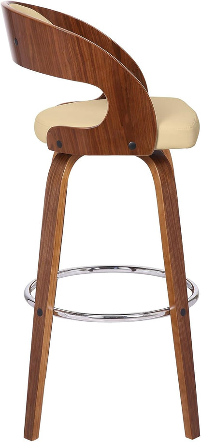 Armen Living Shelly 30" Bar Height Swivel Cream Faux Leather and Walnut Wood Bar Stool - Set of 4