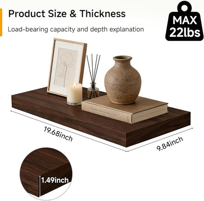 INHABIT UNION 20in Floating Shelves for Wall, Wall Mounted Shelves for Decor Storage Set of 2, Floating Shelf for Bedroom, Bathroom, Living Room and Kitchen（Dark Walnut）