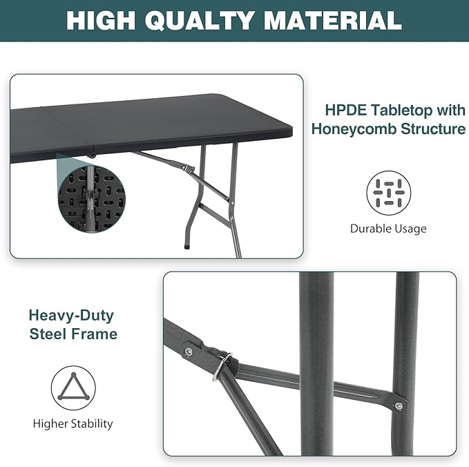 FDW 6 Foot Outdoor Dining Table, Foldable Portable Rectangular Plastic Folding Table with Built in Carrying Handle for Party and Wedding Use, Black