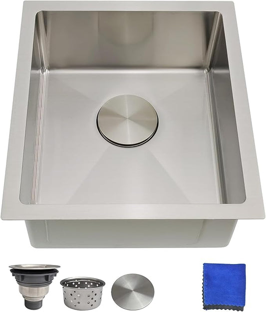 15 Inch Undermount Bar Sink, Delironexu 18 Gauge 304 Stainless Steel Small Bar Sink, 15" x 17" x 7" Prep/RV/Wet Sink with 3.5" Drain, Drain Assembly & Towel