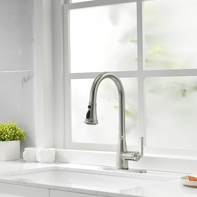 Kitchen Faucet with Pull Down Sprayer, 17 inch Brushed Nickel Antique Single Handle Pull Out Kitchen Sink Faucet with Deck Plate for Classic Modern Ktichen