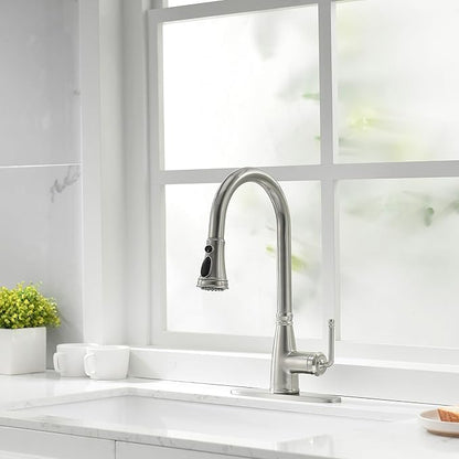 Kitchen Faucet with Pull Down Sprayer, 17 inch Brushed Nickel Antique Single Handle Pull Out Kitchen Sink Faucet with Deck Plate for Classic Modern Ktichen
