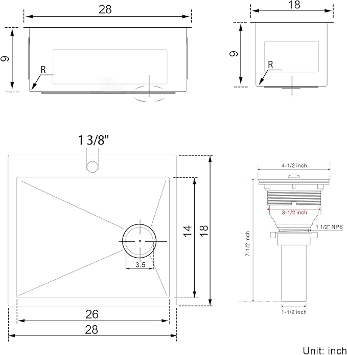 28x18x9 Inch Kitchen Sink Drop in, Handmade 304 Stainless Steel Single Bowl, Centre-Offset Drain, R10 Tight Corner, Topmount Kitchen Sink with Strainer & Bottom Grid