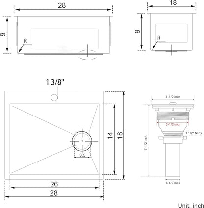 28x18x9 Inch Kitchen Sink Drop in, Handmade 304 Stainless Steel Single Bowl, Centre-Offset Drain, R10 Tight Corner, Topmount Kitchen Sink with Strainer & Bottom Grid