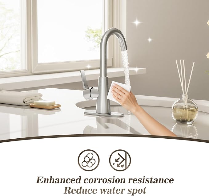 Phiestina Single Hole Brushed Nickel Bathroom Sink Faucet/Bar Sink/Pre-Kitchen Sink Faucet with 4 Inch Deck Plate,Drain and Supply Hoses, WE10-BN