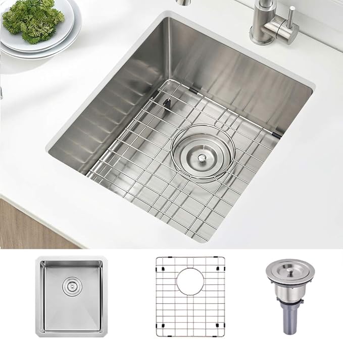 Stainless Steel Undermount Bar Sink, 15 x 17 Inches Small Wet Bar Undermount 16 Gauge SUS304 Brushed Nickel Single Bowl Outdoor Kitchen Sink