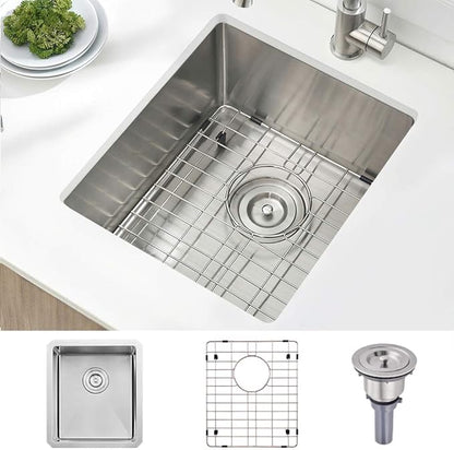 Stainless Steel Undermount Bar Sink, 15 x 17 Inches Small Wet Bar Undermount 16 Gauge SUS304 Brushed Nickel Single Bowl Outdoor Kitchen Sink