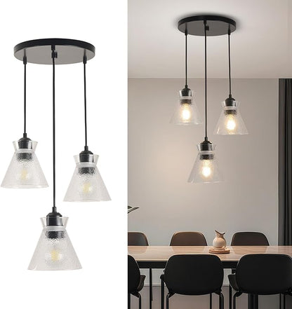 Black Kitchen Island Lighting, 3-Light Farmhouse Pendant Light with Clear Seeded Glass Shades, Adjustable Dining Room Light Fixture, E26 Dimmable Hanging Chandelier for Entryway Hallway