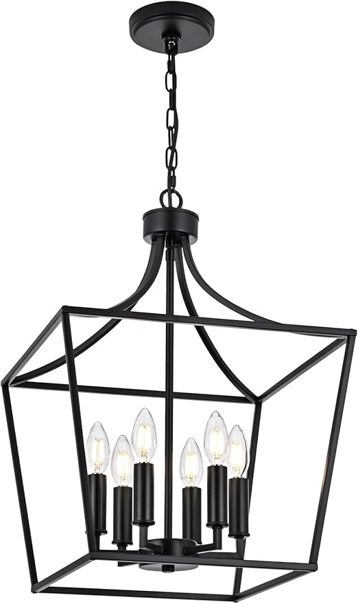 6-Light Farmhouse Dining Room Cage Chandelier, Black Ceiling Pendant Light Fixture Height Adjustable for Kitchen Island Over Table, E12 Bulb Base