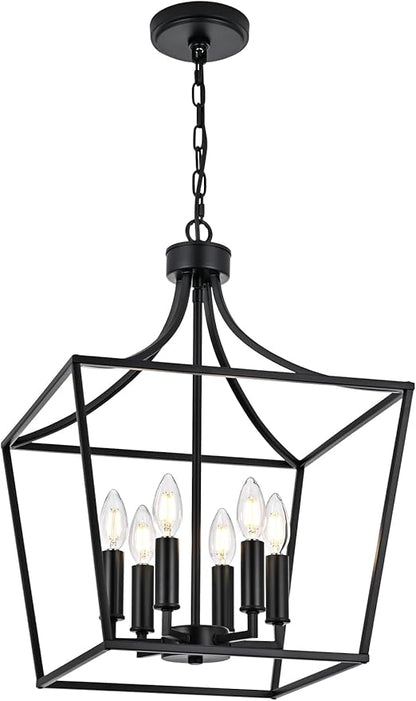 6-Light Farmhouse Dining Room Cage Chandelier, Black Ceiling Pendant Light Fixture Height Adjustable for Kitchen Island Over Table, E12 Bulb Base