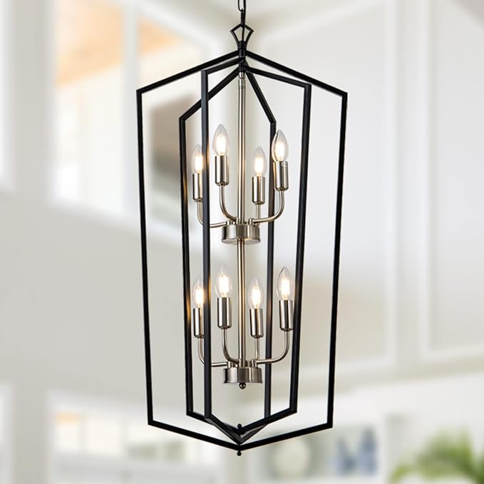 Lanhall 8-Light Lantern Tired Farmhouse Ceiling Hanging Light Black Chandelier Metal Modern Pendant Light Fixtures for Kitchen Island Dining Room Living Room Foyer Entryway-Brushed Nickel