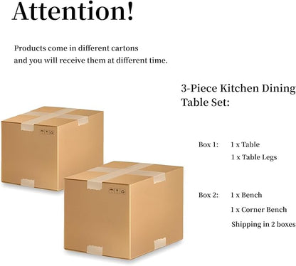 HIPIHOM 3 Piece Dining Table Set with Bench, 42.9 Inch Modern Kitchen Table with Left Seat Corner and 43.3 Inch Bench for Family Dining Room Furniture