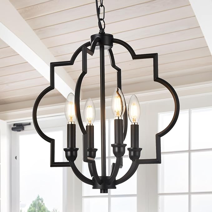 4-Light Black Farmhouse Chandelier, 15.6" Rustic Geometric Pendant Light Fixtures, Adjustable Height Metal Industrial Hanging Light for Kitchen Island Dining Room Hallway Foyer Entryway