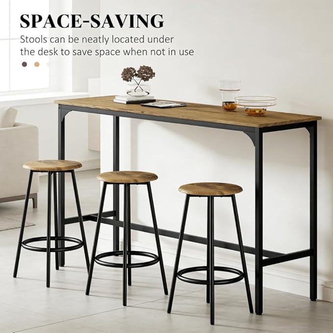 5-Piece Counter Height Bar Table and Chairs Set – Industrial Rustic Brown Wood & Black Metal Frame Dining Furniture for 4 – Space-Saving Kitchen Island with Stools