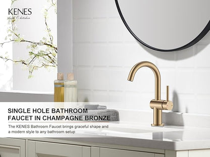 KENES Champagne Bronze Bathroom Faucet 1 Hole, Single Handle Gold Bathroom Sink Faucet for Vanity, Bar Sink Faucet with Drain Assembly & Deck Plate, Farmhouse RV Camper Outdoor Faucet, KE-9005B-CB