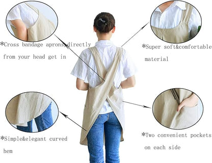 Soft Cotton Linen Apron Cross Back X-Shaped Japanese Style Pinafore Dress for Cooking, Housewarming, Daily Chores
