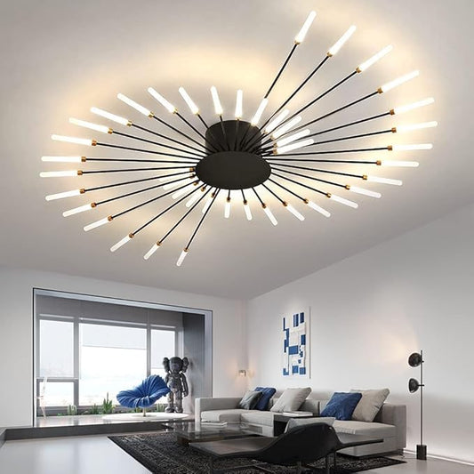 JAYMP 50.4“ Ceiling Light Modern Flower Shape Ceiling Lamp for Living Room Dining Room Flush Mount Metal Acrylic Sputnik Firework Petal LED Lighting Fixture (Matte Black, 42 Lights)