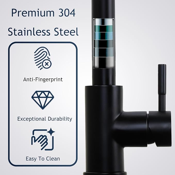 Hotis Black Kitchen Faucet with Pull Down Sprayer, High Arc Stainless Steel Sink Faucet, Single Handle Bar Faucet Black, Commercial Farmhouse RV Bar Sink Faucet, HT-KBD101B