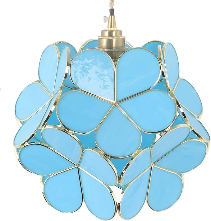 Bieye L11025 Petals Tiffany Style Stained Glass Ceiling Pendant Light for Home Decoration (Sky Blue, 12" Cherry Blossom)