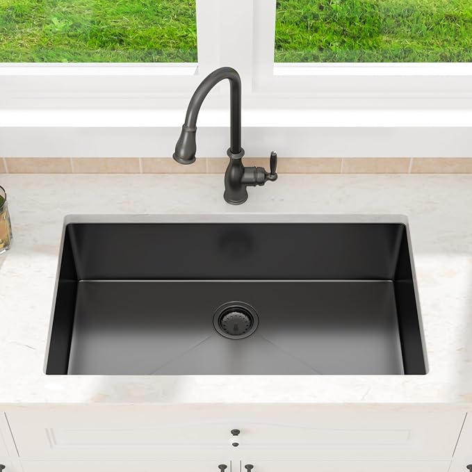 33 Inch Black Undermount Kitchen Sink-33x19 Gunmetal Black Undemrount Sink 18 Gague Stainless Steel Single Bowl Handmade Sinks Large Deep Under Counter Basin 33"x19"x9"