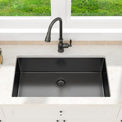 33 Inch Black Undermount Kitchen Sink-33x19 Gunmetal Black Undemrount Sink 18 Gague Stainless Steel Single Bowl Handmade Sinks Large Deep Under Counter Basin 33"x19"x9"