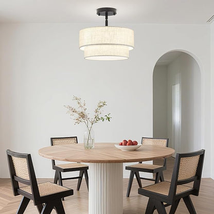 3-Light Semi Flush Mount Ceiling Light, 12.6 Inch Drum Black Chandelier Fabric Metal Kitchen Light Fixture, Dimmable Dining Room Light Fixture E26 Base Chandeliers for Living Room Bedroom
