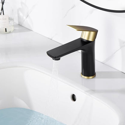 SUMERAIN Modern 304 Stainless Steel Bathroom Faucet Lead-Free Vanity Sink Faucet Black&Gold Single Handle Washbasin Faucet
