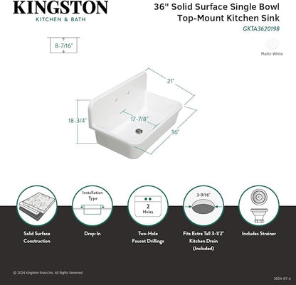 Kingston Brass GKTA3620198 Arcticstone 36-Inch Solid Surface Top-Mount Kitchen Sink with Backsplash, Matte White
