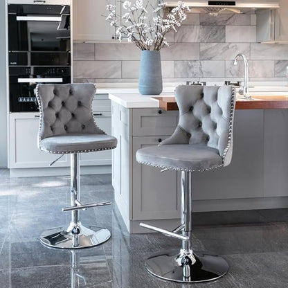 17.7 inch Base, Modern Upholstered Bar Stools with Backs Comfortable Tufted for Home Pub and Kitchen Island,Gray,Set of 2 (Gray + Velvet + Foam-3)