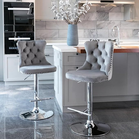 Premium Velvet Upholstered Swivel Bar Stool with Adjustable Height and Tufted Backrest for Kitchen Island, Home Bar, and Dining Space (Gray + Velvet + Foam-3)
