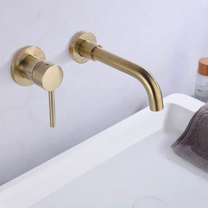 sumerain Wall Mount Bathroom Faucet Brushed Gold Lavatory Faucet, Single Left-Handed Handle