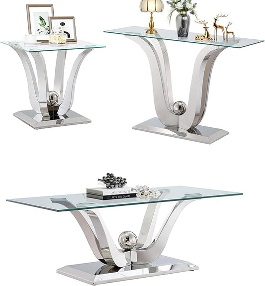 Luxury Glass Coffee Table Set of 3 Piece Silver Living Room Table Set of 3 Including Coffee End Sofa Tables Set,Gorgeous Stainless Steel Frame, Clear Glass Top for Living Room Home Office Apartment