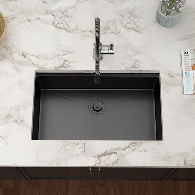 30 Inch Black Undermount Kitchen Sink Workstation- Couoko Matte Black 16 Gauge T304 Stainless Steel Single Bowl Undermount Sinks NANO PVD Large Deep Handmade Round Corner Sinks Basin 30"x19"x9"