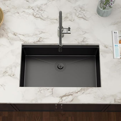 30 Inch Black Undermount Kitchen Sink Workstation- Couoko Matte Black 16 Gauge T304 Stainless Steel Single Bowl Undermount Sinks NANO PVD Large Deep Handmade Round Corner Sinks Basin 30"x19"x9"