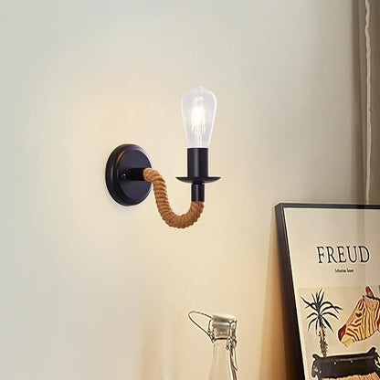 KUAUGST Black Rustic Wall Sconces, Retro Industrial Wall Lamps, Hemp Rope Wall Lamp, E26 Lamp Holder, Suitable for Bedroom Living Room Corridor Kitchen (Bulb not Included)