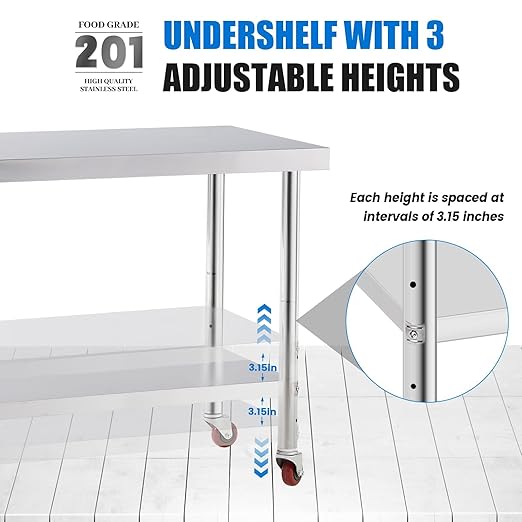 KUARBARR Stainless Steel Table for Prep & Work with 4 Caster Wheels with Undershelf 30 x 36 NSF Metal Commercial Kitchen Adjustable Under Shelf Worktable for Restaurant Home Outdoor
