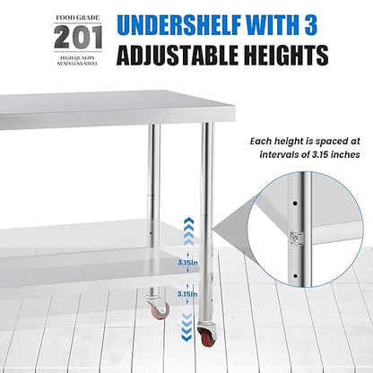 KUARBARR Stainless Steel Table for Prep & Work with 4 Caster Wheels with Undershelf 30 x 36 NSF Metal Commercial Kitchen Adjustable Under Shelf Worktable for Restaurant Home Outdoor