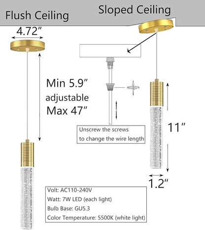 HAIXIANG Set of 2 Pendant Lights for Kitchen Island, White Light, Gold Crystal Linear Pendant Lighting, Bar Corner LED Light Fixture