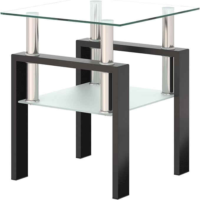 IANIYA Modern Glass Side Table, 2-Tier End Table with Tempered Glass Top & Metal Legs, Night Stand Corner Small Table for Living Room, Bedroom, Small Space